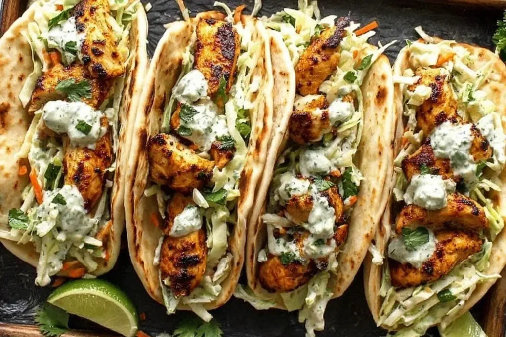 Sheet Pan Chicken Pitas stuffed with juicy grilled chicken, fresh cabbage slaw, and creamy herby ranch on warm pita bread.