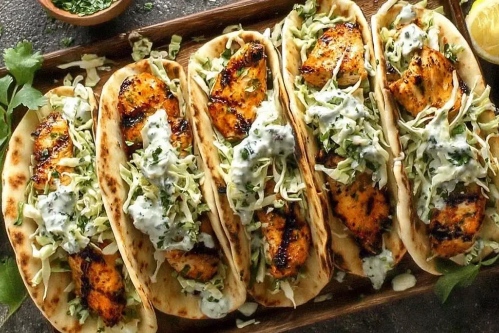 Sheet Pan Chicken Pitas filled with juicy grilled chicken, crunchy slaw, and creamy herby ranch sauce on warm pita bread.