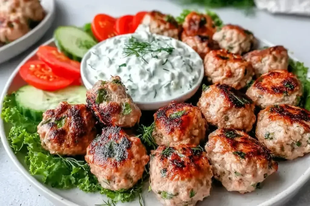 Plated Greek Turkey Meatballs with Tzatziki, fresh cucumbers, tomatoes, and herbs on a bed of lettuce