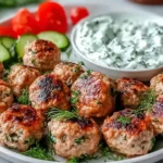 Juicy Greek Turkey Meatballs with Tzatziki served with fresh cucumber, tomatoes, and herbs