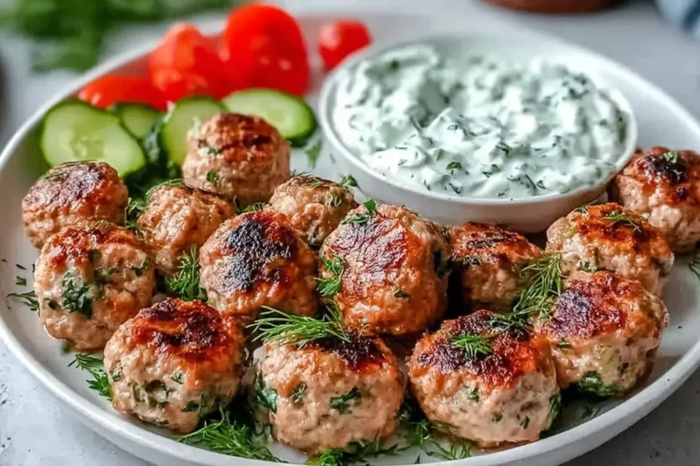 Juicy Greek Turkey Meatballs with Tzatziki served with fresh cucumber, tomatoes, and herbs