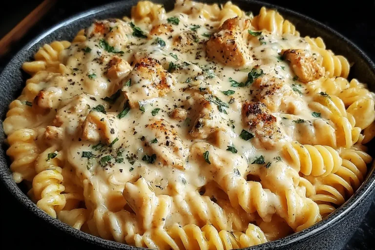 Creamy Crockpot Garlic Parmesan Chicken Pasta with tender rotini and shredded chicken in a rich Parmesan garlic sauce.