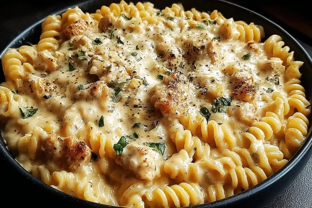 Creamy Crockpot Garlic Parmesan Chicken Pasta with rotini and tender chicken in a rich garlic Parmesan sauce.