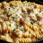 Creamy Crockpot Garlic Parmesan Chicken Pasta with rotini and tender chicken in a rich garlic Parmesan sauce.