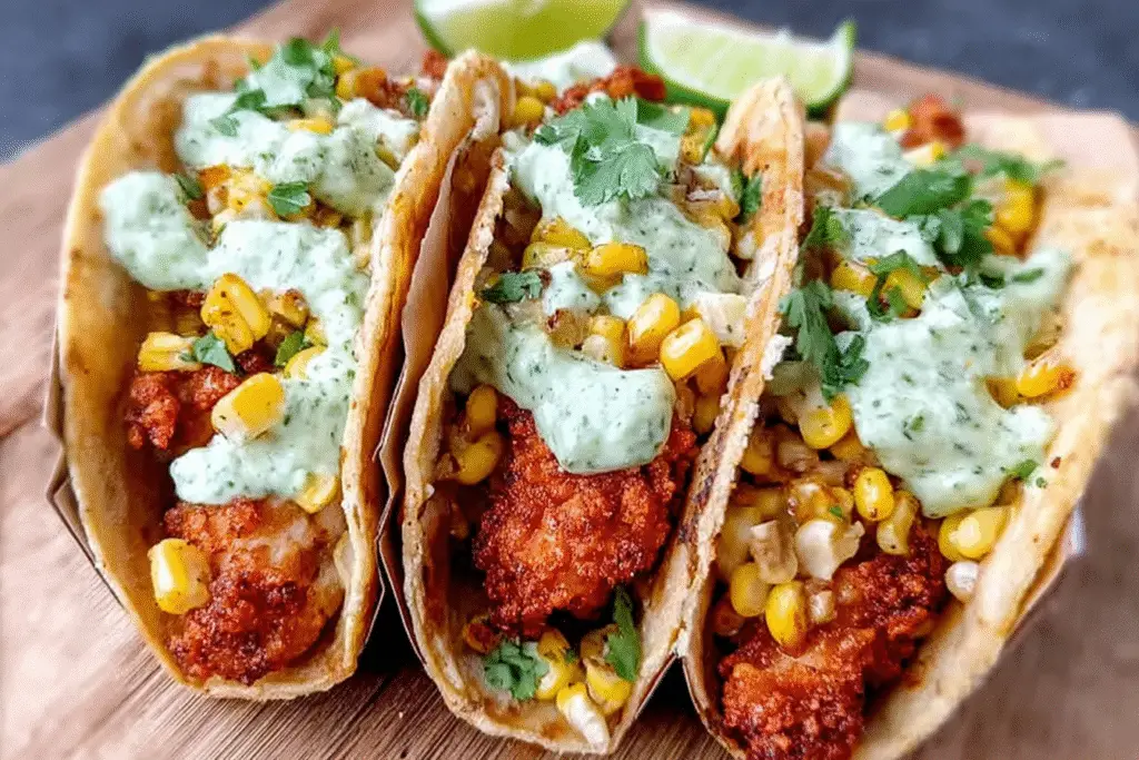 Fried Chicken Street Corn Tacos filled with crispy chicken, charred corn, and creamy jalapeño lime sauce.