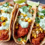 Fried Chicken Street Corn Tacos filled with crispy chicken, charred corn, and creamy jalapeño lime sauce.