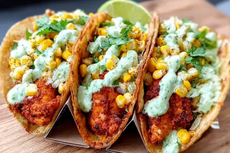 Crispy fried chicken street corn tacos topped with creamy jalapeño lime sauce and fresh cilantro.