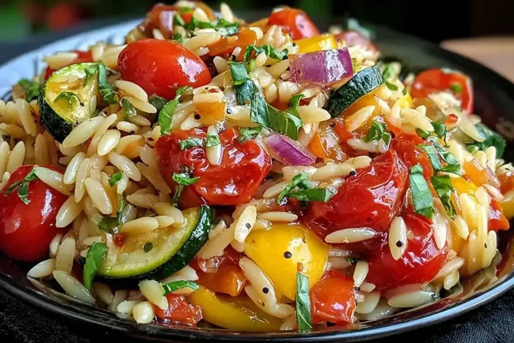 Roasted Vegetable Orzo with cherry tomatoes, zucchini, peppers, and herbs in a black bowl