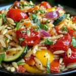 Roasted Vegetable Orzo with cherry tomatoes, zucchini, peppers, and herbs in a black bowl