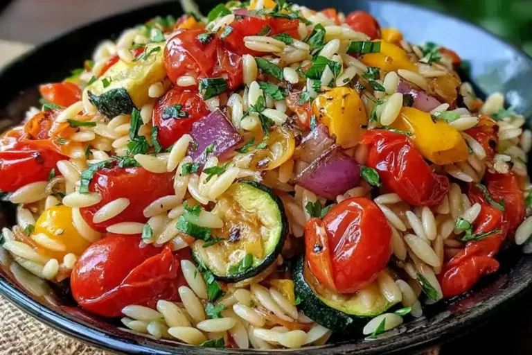Roasted Vegetable Orzo with zucchini, bell peppers, cherry tomatoes, and fresh parsley in a black bowl