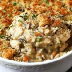 Creamy Chicken Wild Rice Casserole topped with golden buttery breadcrumbs in a white baking dish.