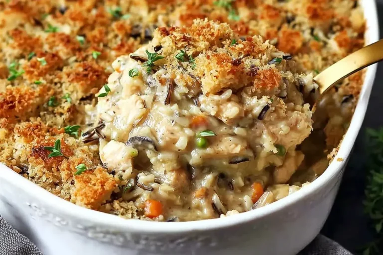 Creamy Chicken Wild Rice Casserole topped with golden buttery breadcrumbs in a white baking dish.