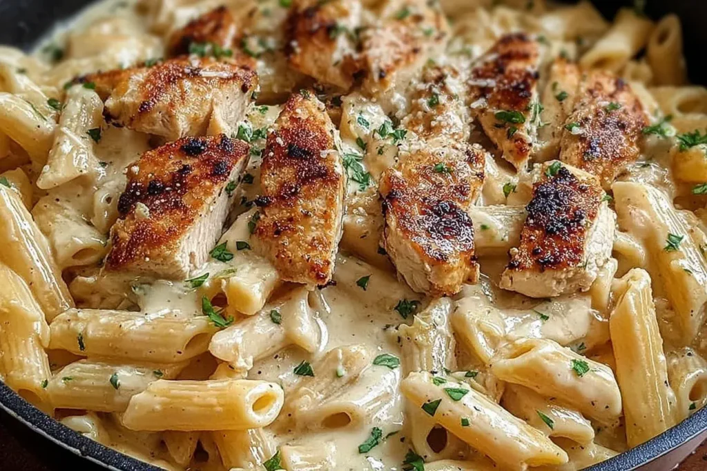 Creamy Boursin Chicken Pasta with seared chicken and penne coated in a rich garlic herb cheese sauce.