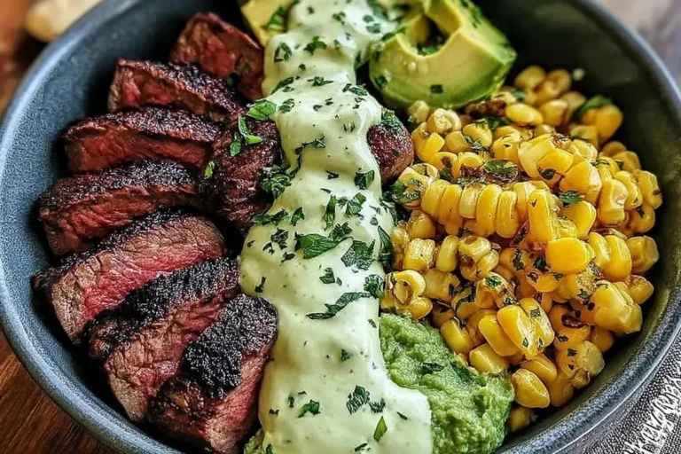 Close-up of a steak avocado corn bowl with sliced steak, creamy cilantro sauce, roasted corn, and avocado in a dark bowl.