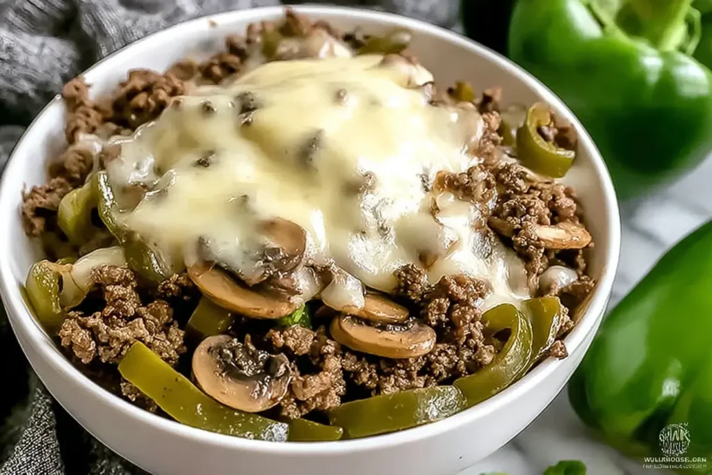 Philly Cheesesteak Bowls topped with melted cheese, sautéed mushrooms, and green bell peppers in a white bowl.