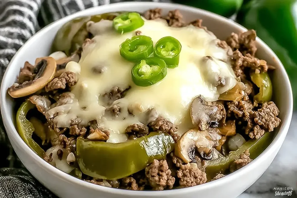 Bowl of Philly Cheesesteak Bowls with melted cheese, sautéed peppers, mushrooms, and ground beef, topped with sliced jalapeños.