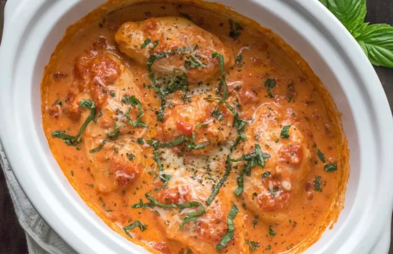 Slow Cooker Creamy Tomato Basil Chicken in white crockpot with fresh basil and Parmesan garnish.