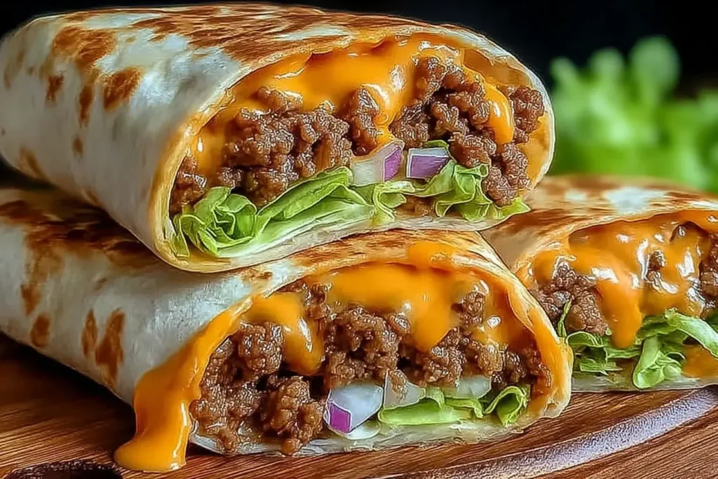 Big Mac Wraps stacked with beef, melted cheese, lettuce, and onions on a wooden board