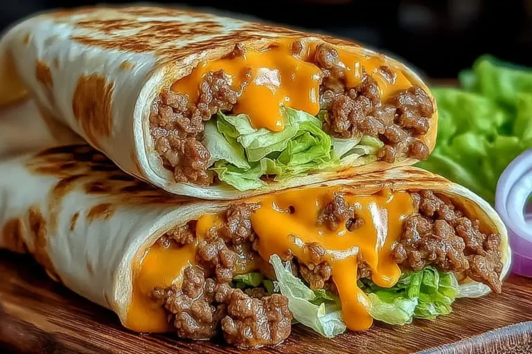 Juicy Big Mac Wraps filled with seasoned beef, melted cheese, and crisp lettuce on a wooden board