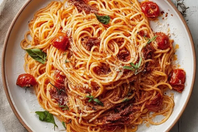 The Bear Spaghetti served on a white plate with tomato sauce, Parmesan, and fresh basil.
