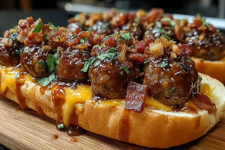 Close-up of a Bourbon BBQ Bacon Cheeseburger Meatball sub topped with cheddar cheese, crispy bacon, and fresh herbs on a toasted bun.