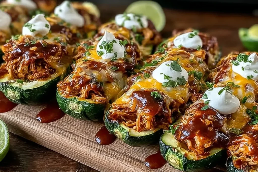 Sticky BBQ Chicken Zucchini Boats baked with cheddar cheese, BBQ sauce, and sour cream, garnished with fresh cilantro.