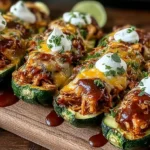 Sticky BBQ Chicken Zucchini Boats baked with cheddar cheese, BBQ sauce, and sour cream, garnished with fresh cilantro.