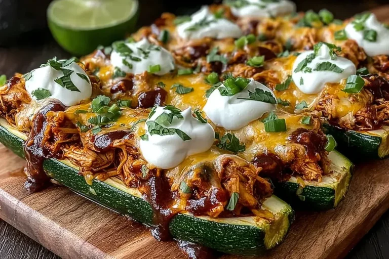 Sticky BBQ Chicken Zucchini Boats topped with melted cheddar, fresh cilantro, and sour cream on a wooden board.