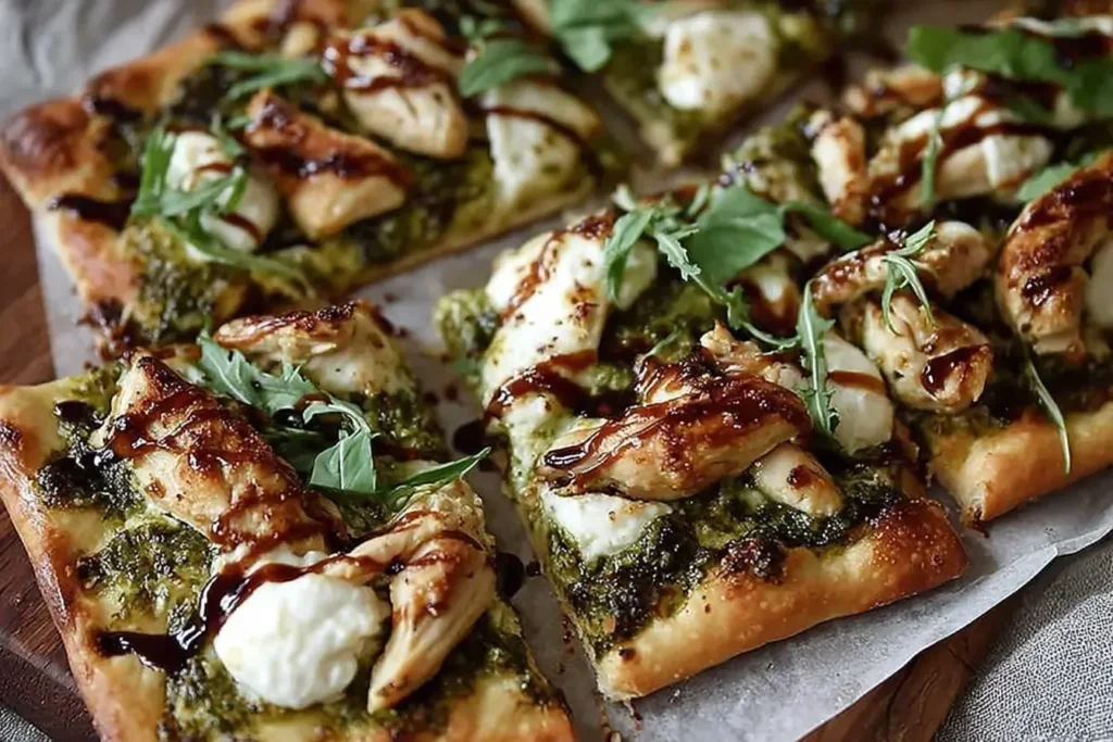 Freshly baked Pesto Chicken Flatbread topped with juicy chicken, creamy mozzarella, and a drizzle of balsamic glaze on parchment paper.