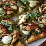Freshly baked Pesto Chicken Flatbread topped with juicy chicken, creamy mozzarella, and a drizzle of balsamic glaze on parchment paper.