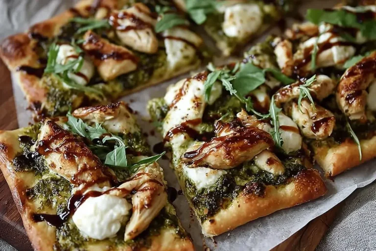 Freshly baked Pesto Chicken Flatbread topped with juicy chicken, creamy mozzarella, and a drizzle of balsamic glaze on parchment paper.