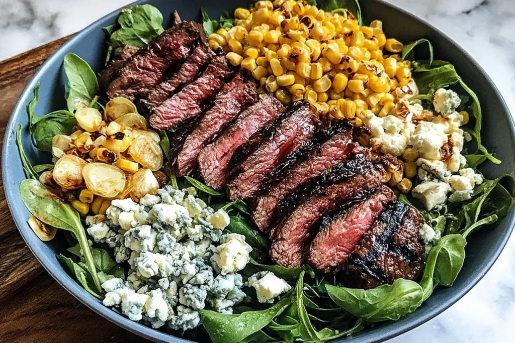 Grilled Balsamic Steak Salad with juicy sliced steak, grilled corn, Gorgonzola cheese, and fresh greens in a dark bowl.