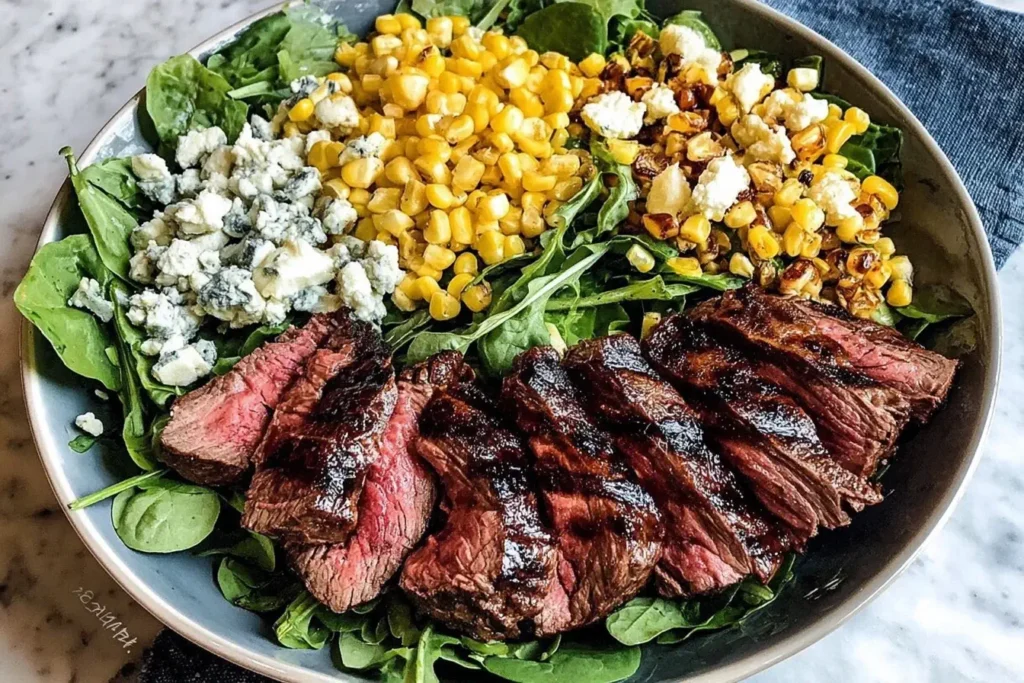 Grilled Balsamic Steak Salad with Gorgonzola, grilled corn, and fresh greens served in a round bowl.