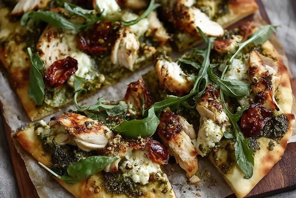 Sliced Pesto Chicken Flatbread topped with roasted tomatoes, arugula, tender chicken, and creamy cheese on a wooden board.