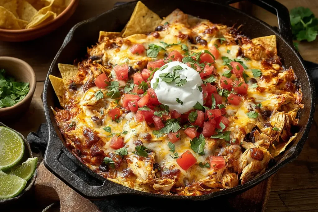  Baked Chicken Tortilla Dump Dinner topped with melted cheese, fresh tomatoes, cilantro, and sour cream in a cast iron skillet.