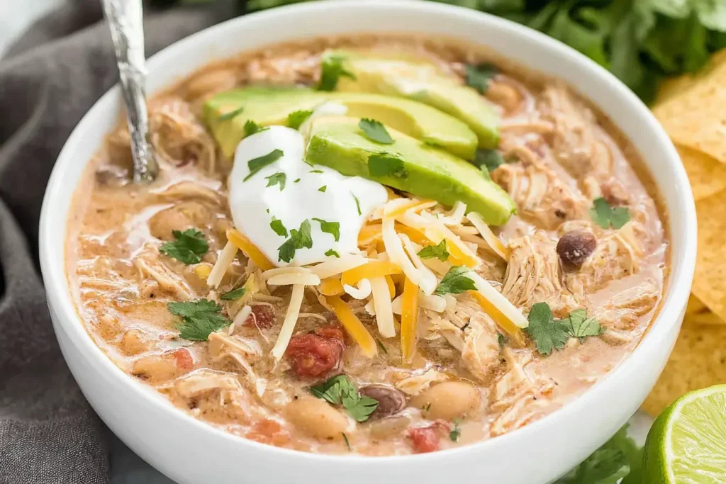 Bowl of creamy White Chicken Chili topped with avocado, sour cream, shredded cheese, and fresh cilantro.