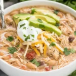 Bowl of creamy White Chicken Chili topped with avocado, sour cream, shredded cheese, and fresh cilantro.