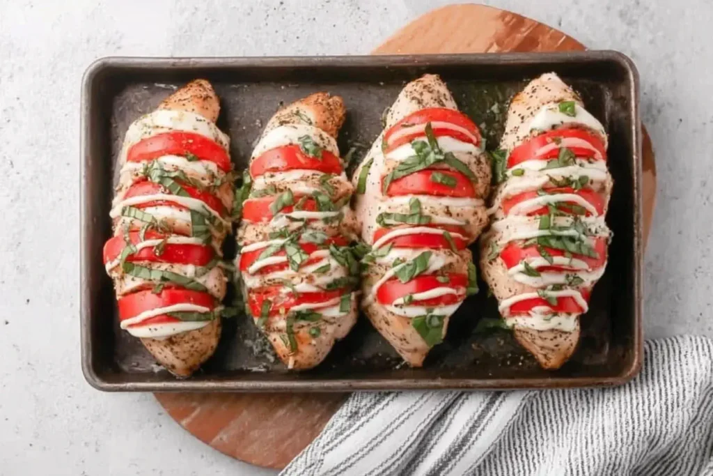 Four Caprese Stuffed Chicken breasts with mozzarella, tomatoes, and basil on a baking sheet.