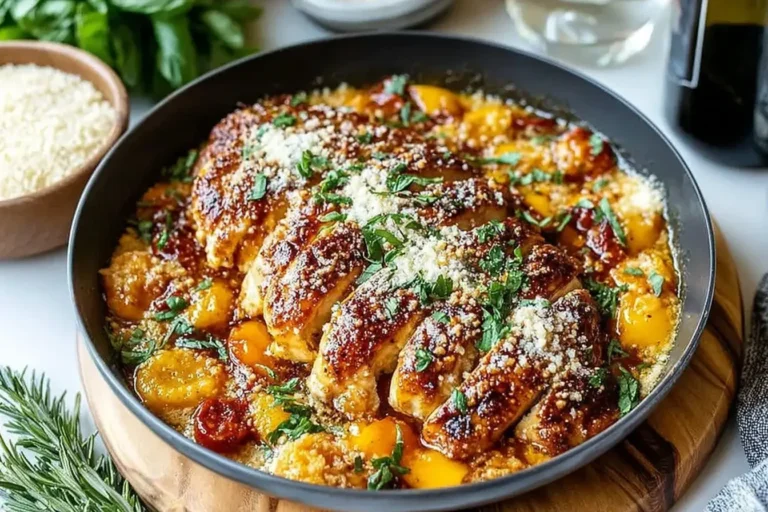 Juicy Steakhouse Parmesan Chicken in a skillet topped with golden cheese, fresh herbs, and crispy edges for a restaurant-quality dinner at home.
