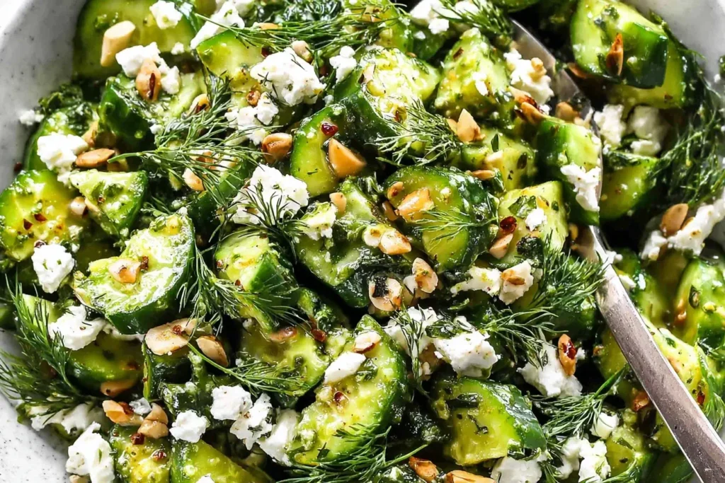 Close-up of smashed cucumber salad with fresh dill, feta, and chopped pistachios.