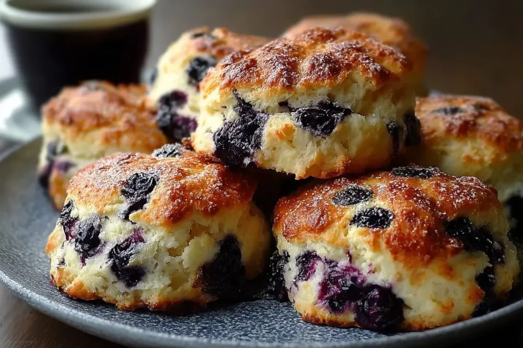 Fluffy homemade blueberry biscuits with golden tops and juicy blueberries