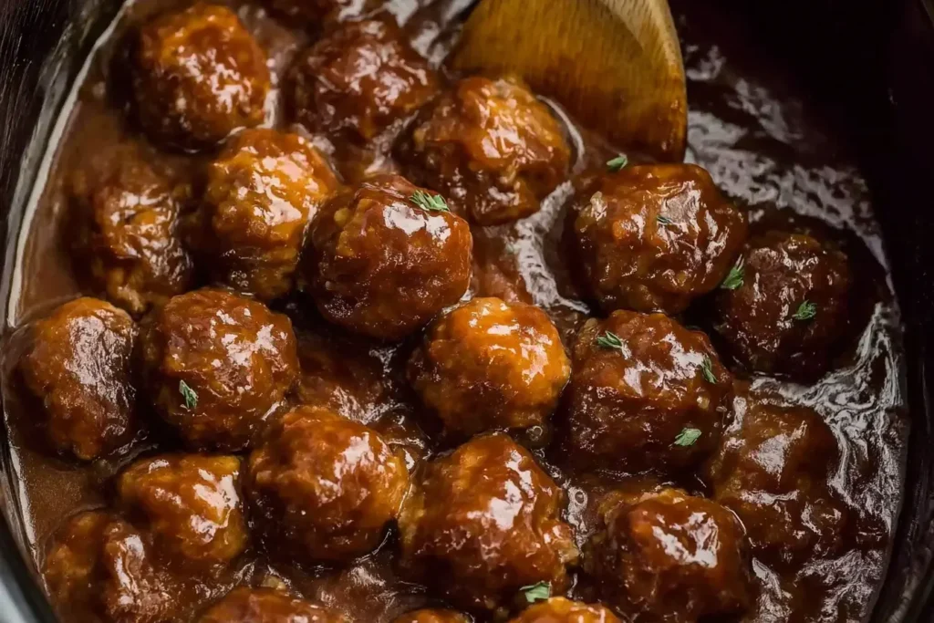 Slow Cooker Salisbury Steak Meatballs simmering in rich brown gravy in a slow cooker