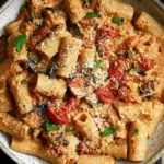 Eggplant and Sun-Dried Tomato Ricotta Pasta with rigatoni, creamy sauce, and fresh herbs in a rustic bowl