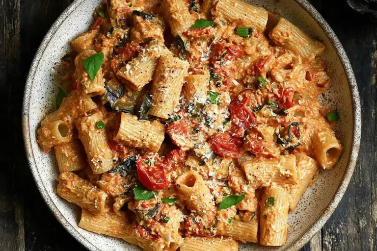 Eggplant and Sun-Dried Tomato Ricotta Pasta with rigatoni, creamy sauce, and fresh herbs in a rustic bowl