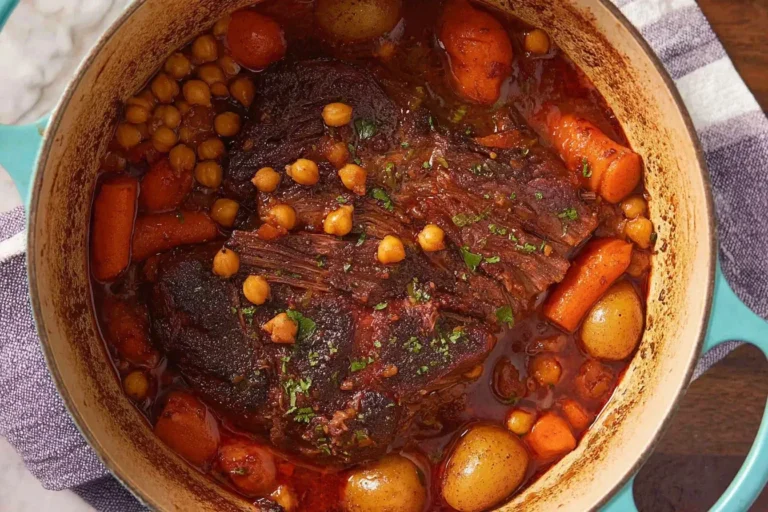 Indian Butter Pot Roast with chickpeas, carrots, and potatoes in a Dutch oven