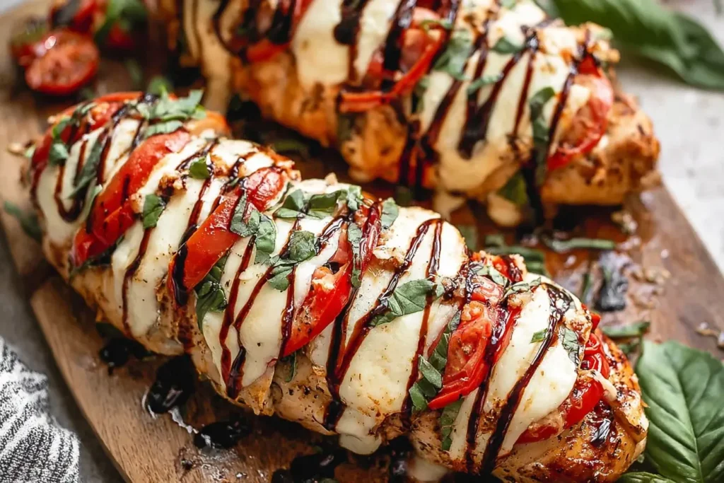 Caprese Stuffed Chicken baked with mozzarella, tomatoes, basil, and balsamic glaze on a wooden board.