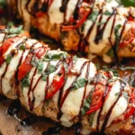 Caprese Stuffed Chicken baked with mozzarella, tomatoes, basil, and balsamic glaze on a wooden board.