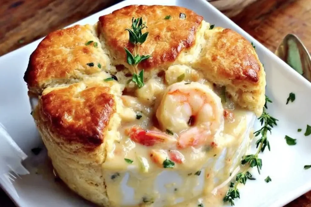 Cheddar Bay Biscuit Seafood Pot Pie with golden biscuits, creamy shrimp filling, and fresh thyme garnish.