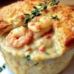 Golden-brown Cheddar Bay Biscuit Seafood Pot Pie topped with shrimp and fresh thyme, overflowing with creamy seafood filling.