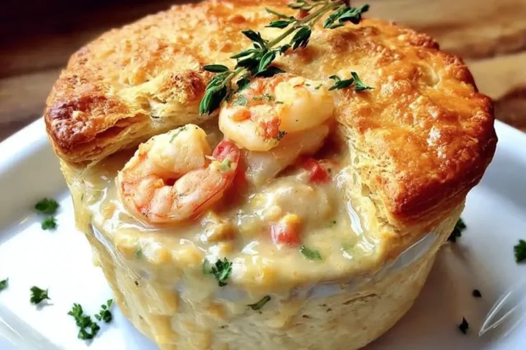 Golden-brown Cheddar Bay Biscuit Seafood Pot Pie topped with shrimp and fresh thyme, overflowing with creamy seafood filling.